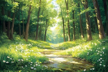 Obraz premium Sunshine and Stream in the Summer Forest