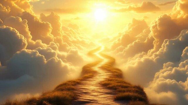 Ladder or way heavens gate in paradise. After life concept. Stairs to heaven in beautiful blue cloudy sky. God light. Stairway through clouds leading to heavenly light in spiritual fantasy. Religion.