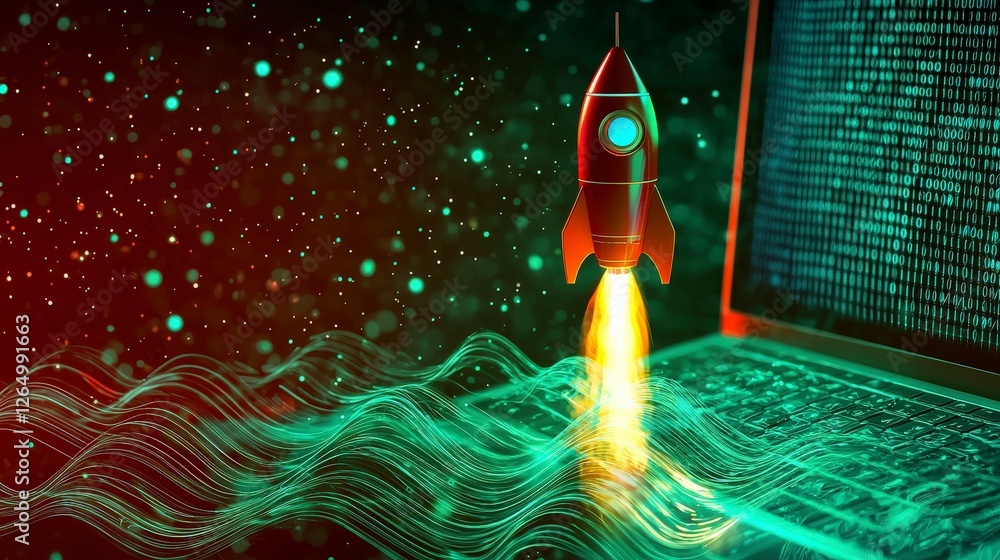 Poster this stunning image portrays a colorful wave and a rocket emerging from an open laptop, visually ech