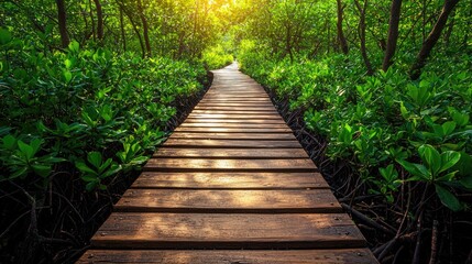 Obraz premium A serene wooden pathway through a lush green mangrove forest illuminated by sunlight.