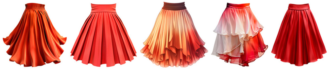 Set of elegant red and orange skirts with pleated, ruffled, and gradient designs on a transparent background. Features flowing, high-waisted, and voluminous styles with soft fabric textures