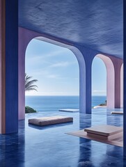 Serene Ocean View Through Arches in Minimalist Architecture with Blue and Lavender Tones