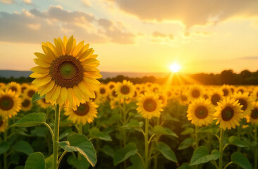 Fototapeta premium The field with sunflower stretching to the sun, a place for text, summer banner.