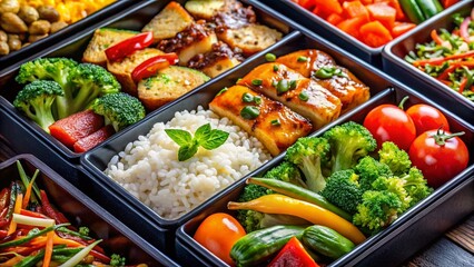 Macro Photography: Colorful Asian Cuisine Bento Boxes with Rice, Chicken & Veggies