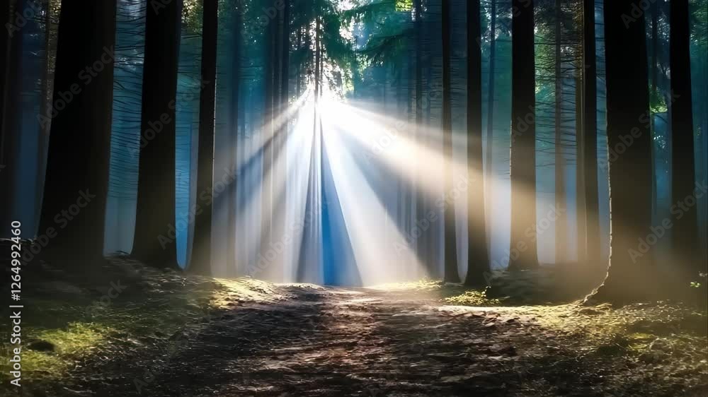 Poster a serene forest scene with sunlight streaming through trees, creating a mystical atmosphere. shadows