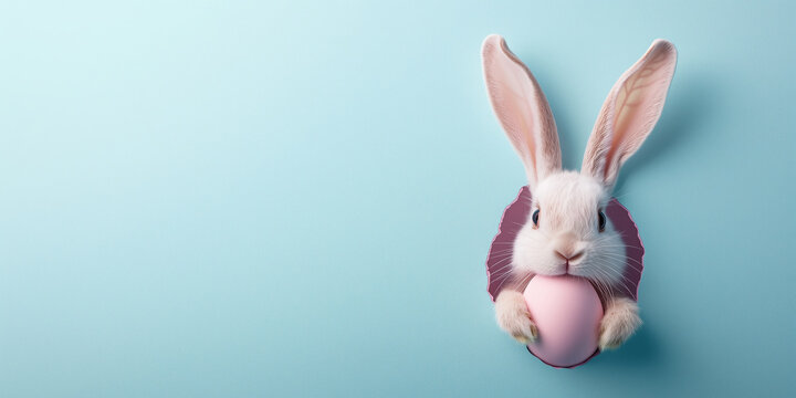 Happy rabbit peeping out of crack in pastel background. Celebrating Easter.
