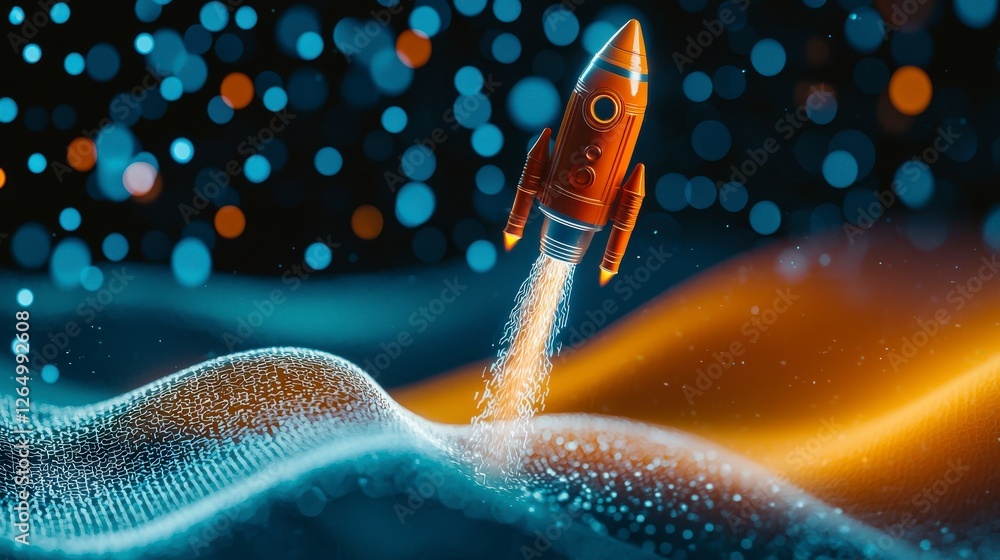 Poster a retro-style rocket ascends amidst a backdrop filled with dazzling colors and waves, representing t