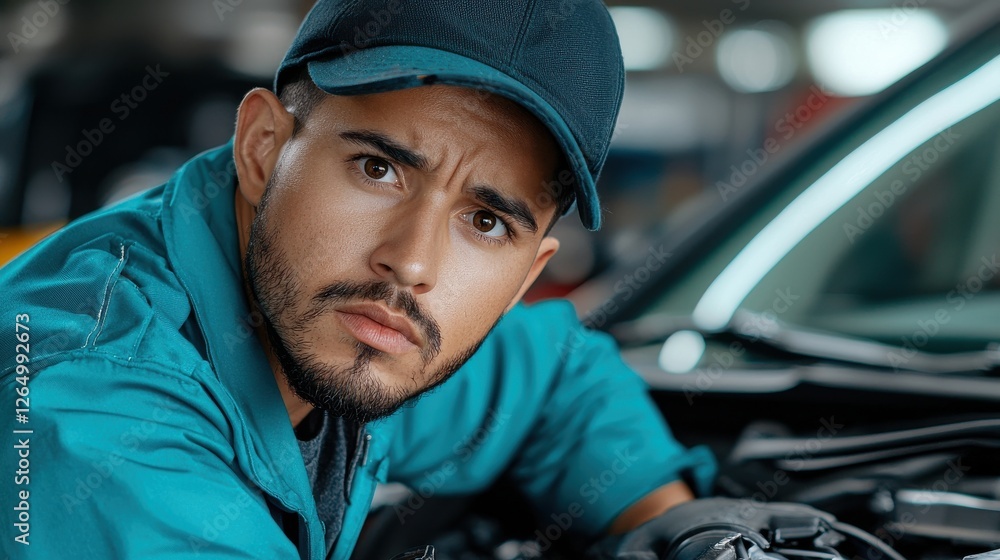 Poster skilled auto mechanic carefully examining a car engine checking for issues and preparing for mainten