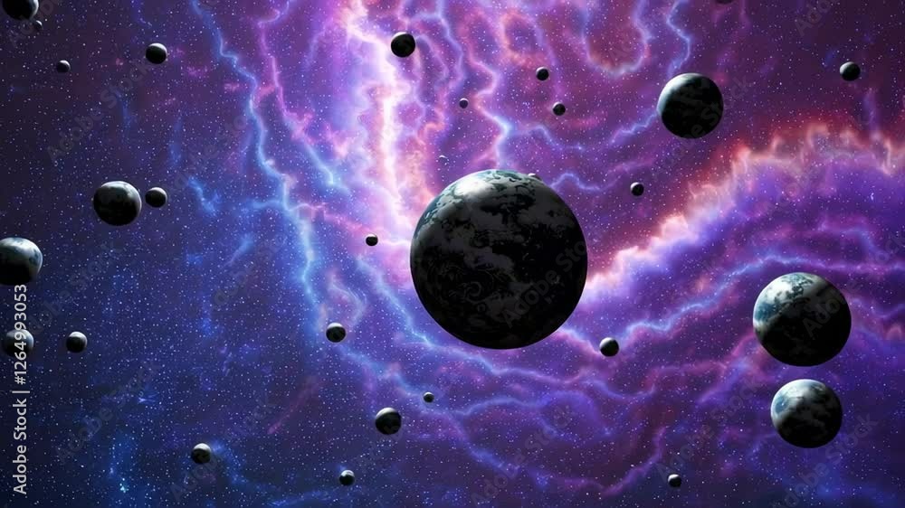 Poster cosmic expanse revealing majestic planetary movement through luminous nebulae, generating mesmerizin