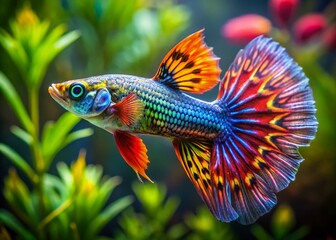 Fototapeta premium Macro Photography: Gupi Fish, Vivid Colors, Detailed Scales, Aquatic Life, Close Up