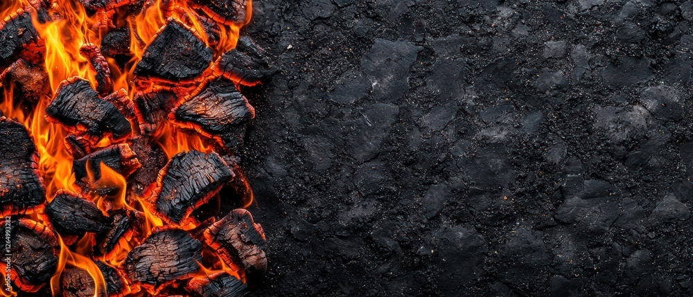 Poster fiery embers and floating sparks on charred surface with dark grayscale background
