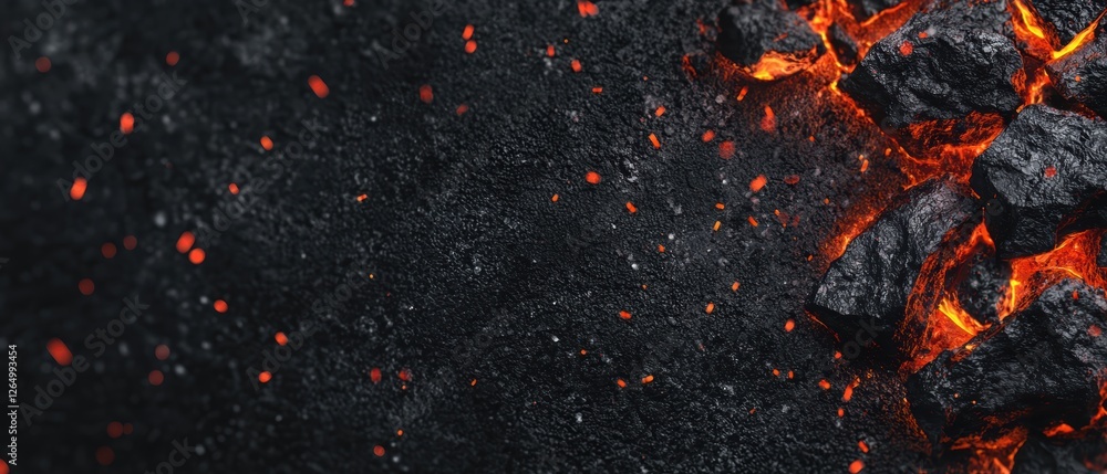 Poster fiery glowing embers and particles on dark background creating intense atmosphere