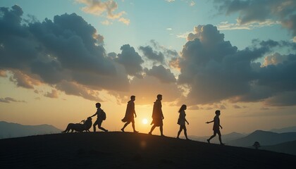Silhouetted figures of children and a dog walk along a hill at sunset, creating a serene and nostalgic atmosphere.