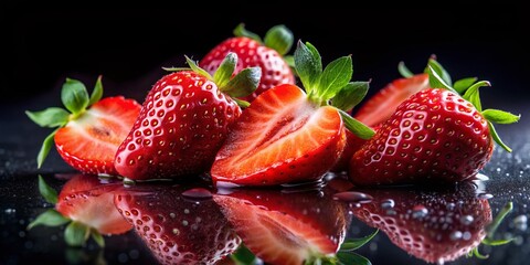 Macro Photography: Juicy Strawberry Pieces in Water Droplets on Black