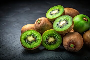 Kiwi Fruit Still Life - Top View, Black Background