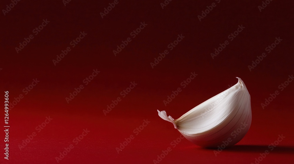 Poster close-up of a single garlic bulb on a red background. the bulb is in the center of the image, with i