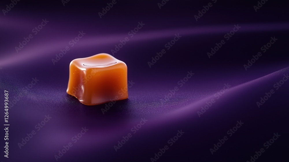 Poster close-up of a single orange-colored cube on a dark purple background. the cube appears to be made of