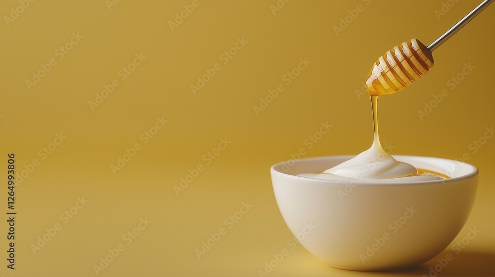 Poster white bowl with a honey dipper on top of it. the dipper is made of wood and has a honeycomb-like sha