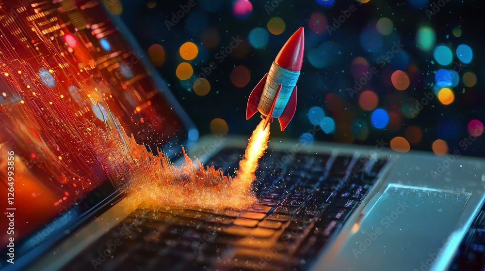 Aufkleber this image captures a whimsical rocket launching into the digital realm, representing innovation and