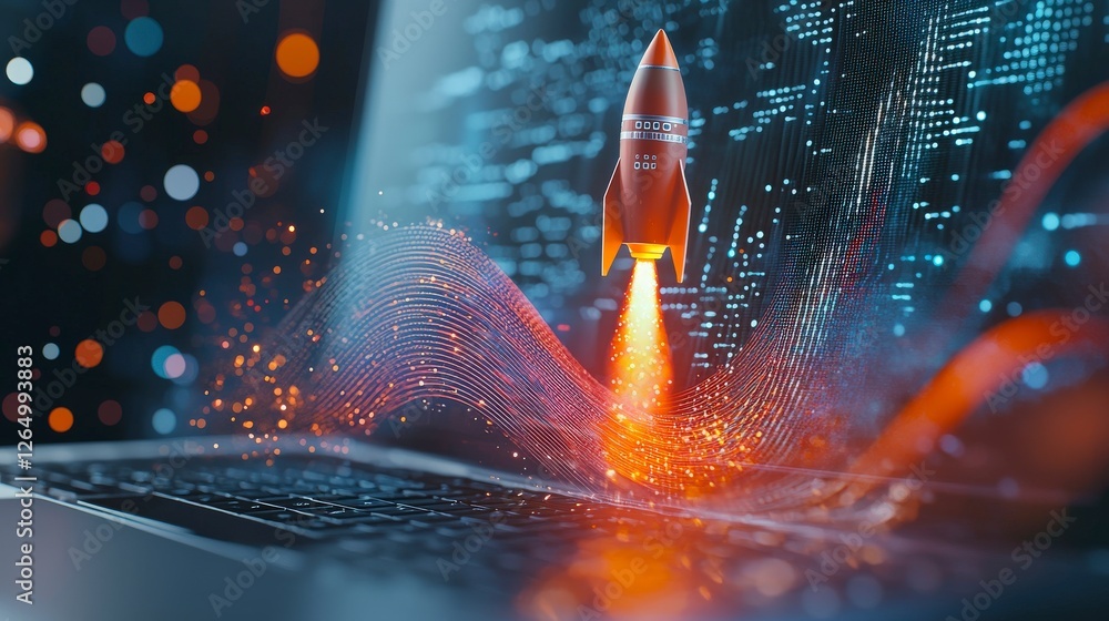 Poster a rocket takes off from a laptop, showcasing the fusion of technology and imagination with abstract 