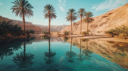beautiful desert oasis with palm trees reflecting in the clear water.