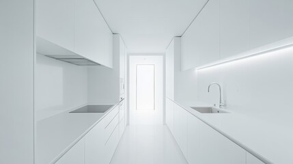 Pristine All-White Galley Kitchen with Sleek Surfaces and Minimalistic Design