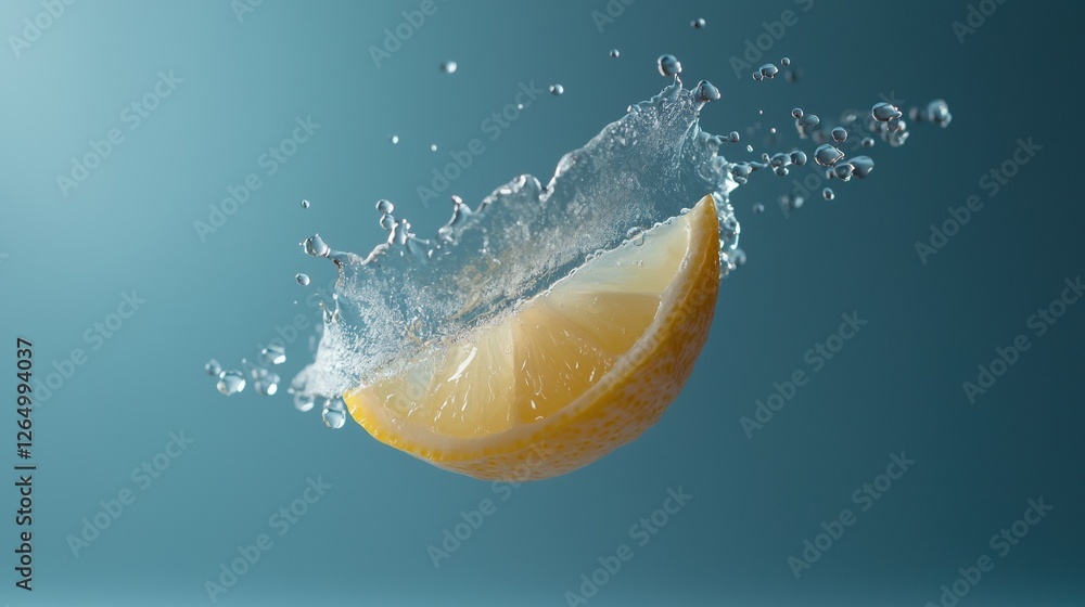 Poster close-up of a slice of lemon falling into the water. the lemon is in the center of the image, with t