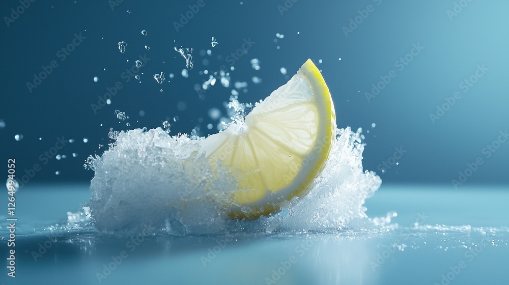 Poster close-up of a slice of lemon falling into the water. the lemon is in the center of the image, with t