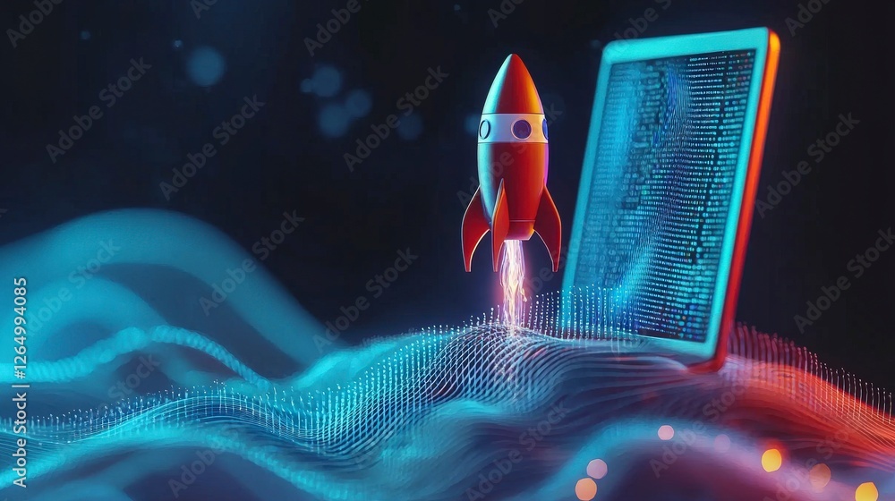 Poster a striking image of a rocket launching from a digital tablet, representing the merging of technology