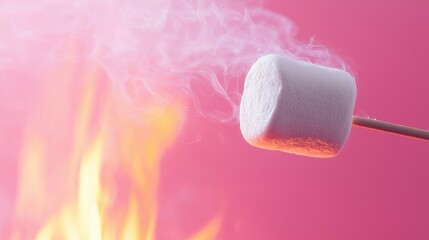 Marshmallow on a stick with a pink background. the marshmallow is white and appears to be freshly made, with a smooth texture. the stick is made of wood and is holding the marshmallow in place.