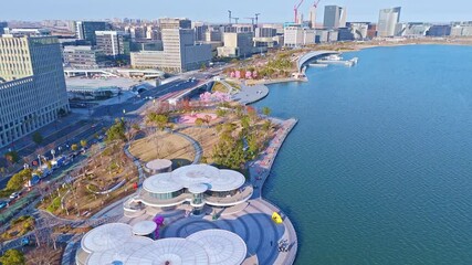 4K Real Time Aerial view of Shanghai Lingang Free Trade Zone and Dishui Lake