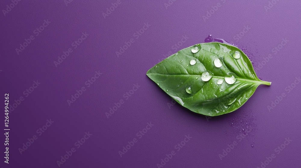 Fototapete close-up of a single green leaf on a purple background. the leaf is in the center of the image and i