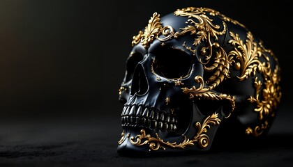 Ornate Black Skull Adorned with Gilded Gold Filigree: A Darkly Elegant Still Life