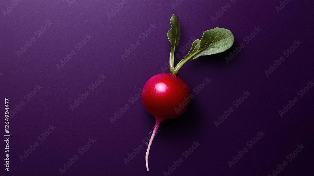 Poster close-up of a single red radish with two green leaves on top. the radish is in the center of the ima
