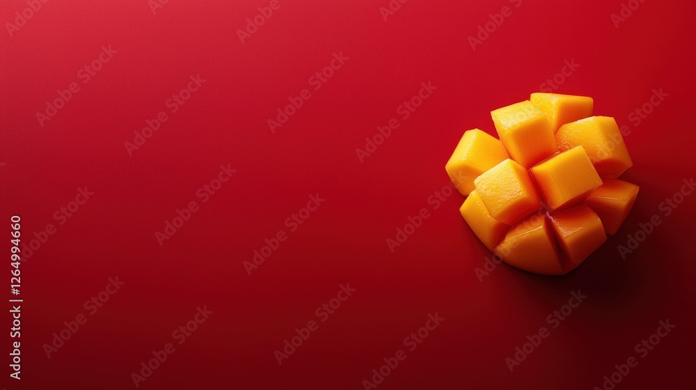 Poster close-up of a small orange fruit on a red background. the fruit appears to be a mango or a similar t