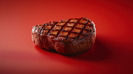 Close-up of a piece of steak on a red background. the steak appears to be cooked medium-rare, with a pinkish-brown crust on top and a juicy center.