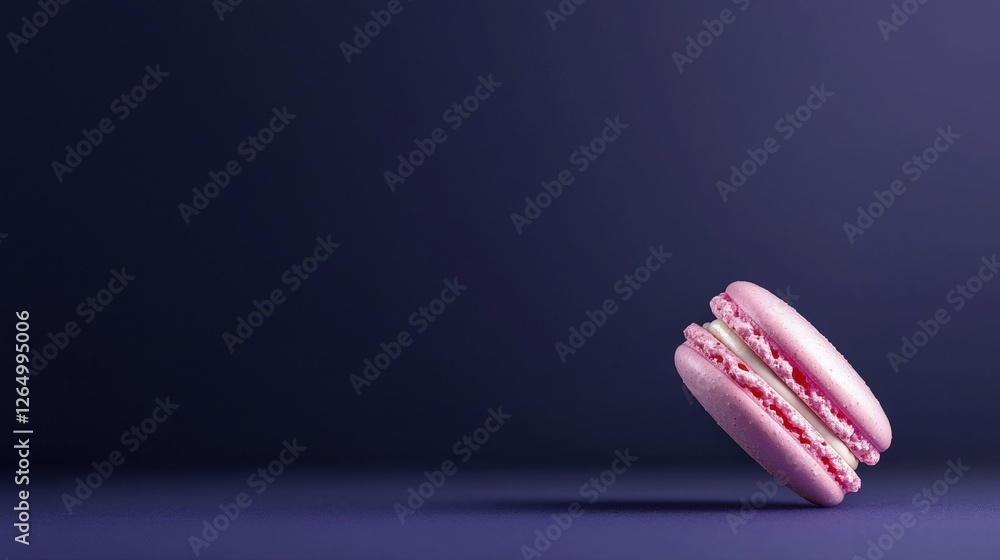 Poster close-up of a pink macaron on a dark blue background. the macaron is in the center of the image, wit