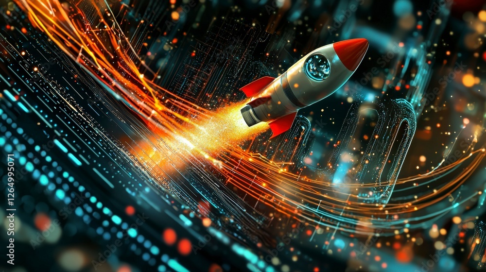 Poster an artistic portrayal of a rocket soaring through illuminated data streams, symbolizing the journey 