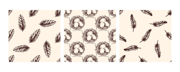 Seamless hand drawn vintage patterns with feathers and bird nests in brown on beige background