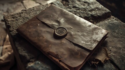 A weathered, aged envelope with a wax seal on a weathered surface.