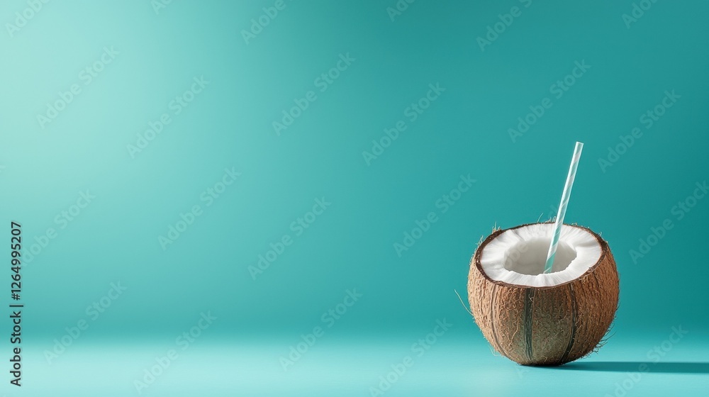 Poster flat lay of a coconut with a straw sticking out of it. the coconut is placed on a turquoise backgrou