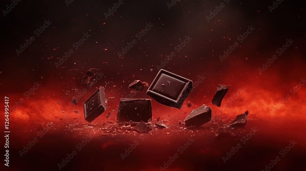 Poster group of broken pieces of chocolate scattered on a dark red background. the pieces are of different 