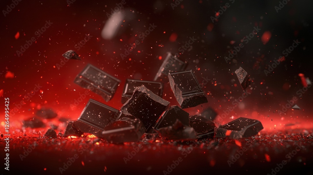 Poster group of small pieces of dark chocolate scattered on a red glittery surface. the chocolate pieces ar