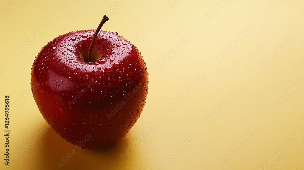 Poster close-up of a red apple with water droplets on it. the apple is in the center of the image and is pl