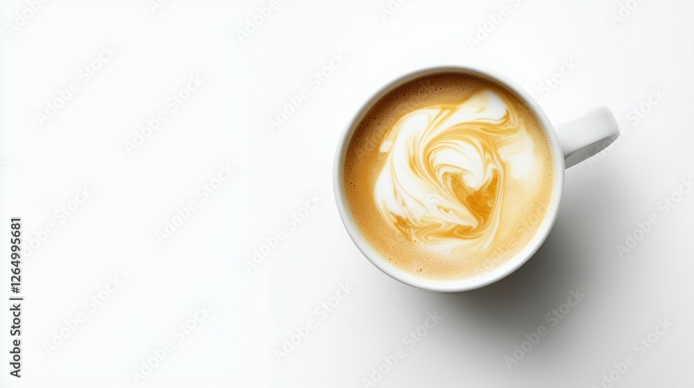 Poster top view of a white coffee cup with a handle. the cup is placed on a plain white background. the cof