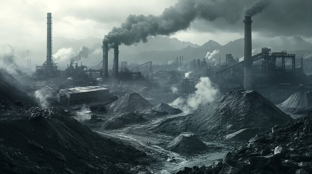 A polluted industrial landscape with factories and smokestacks emitting black smoke into the air.