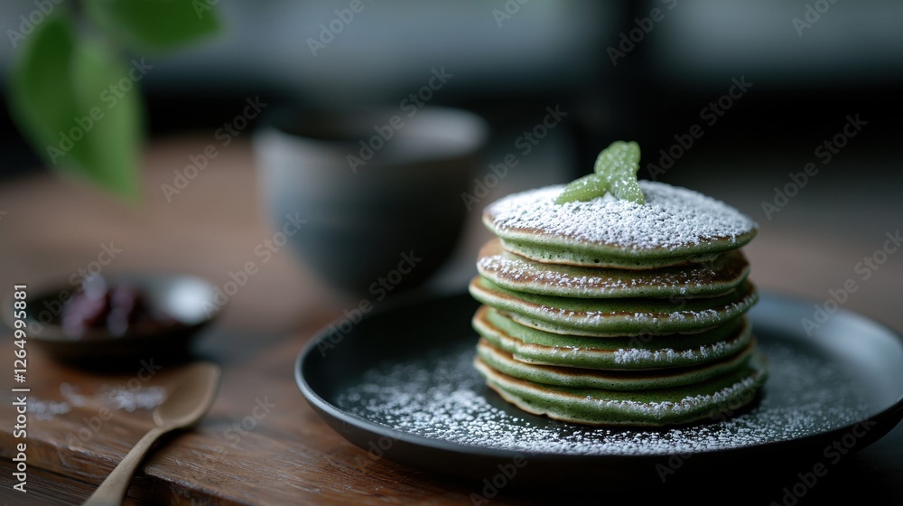 Poster stack of green pancakes on a black plate. the pancakes are neatly arranged and are dusted with powde