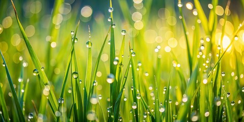 Fototapeta premium Macro Photography of Tall Grass Blades, Dew Drops, Nature Detail, Summer Meadow