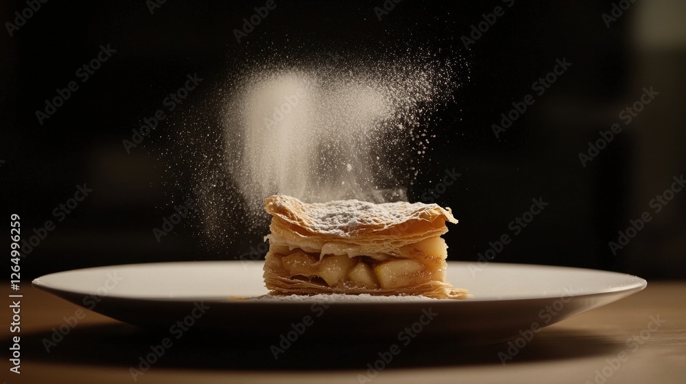 Poster slice of apple pie on a white plate. the pie is golden brown in color and has a flaky crust. it is t
