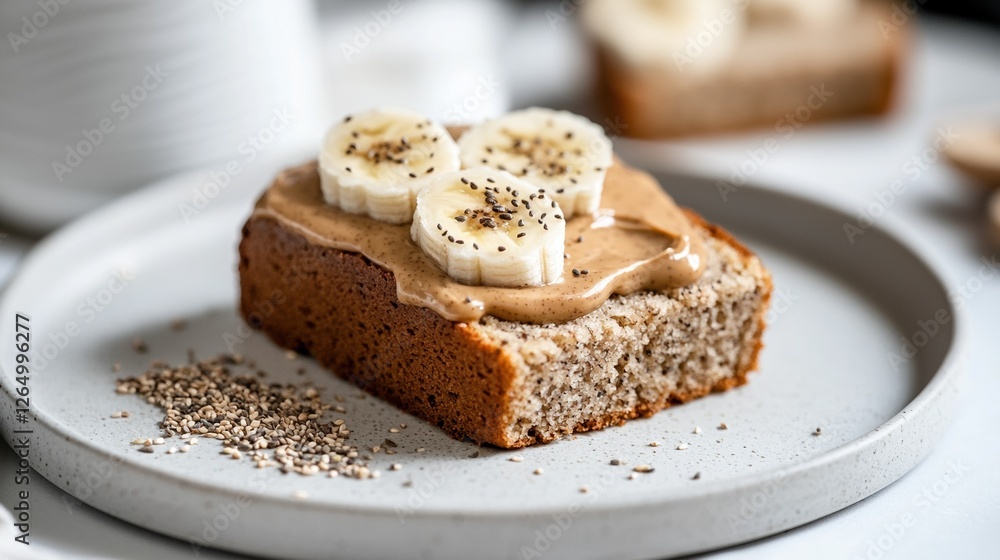 Poster slice of cake on a grey plate. the cake appears to be a light brown color and has a crumbly texture.